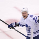 Toronto Maple Leafs Leo Komarov celebrates  after Tyler Bozak scores a shorthanded goal