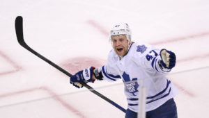 BOSTON, MA - MAY 10  -  Toronto Maple Leafs Leo Komarov celebrates  after Tyler Bozak scores a shorthanded goal   as the Toronto Maple Leafs play the  Boston Bruins in game 5 of their first round NHL Stanley Cup playoffs series at TD Garden in Boston,  May 10, 2013.