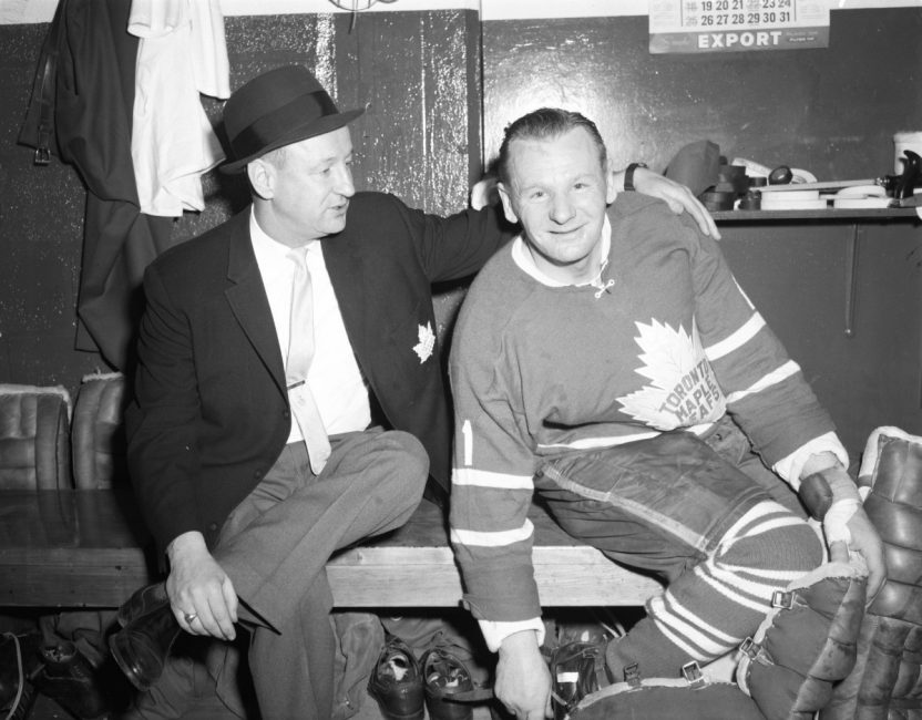 Johnny Bower and head coach Punch Imlach of the Toronto Maple Leafs